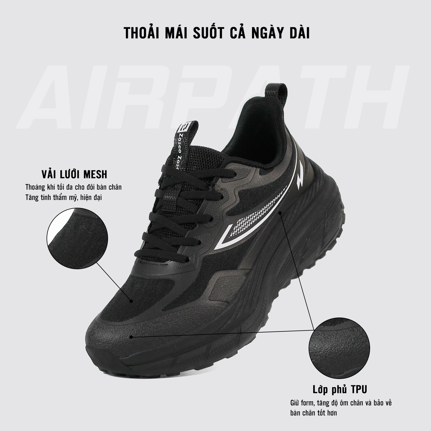 Giày chạy bộ Zoseo Airpath - Black - Ảnh 4