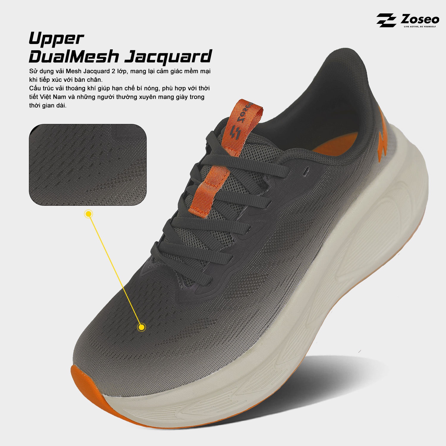 Giày chạy bộ Zoseo Airgo - Ash Grey Orange - Ảnh 3