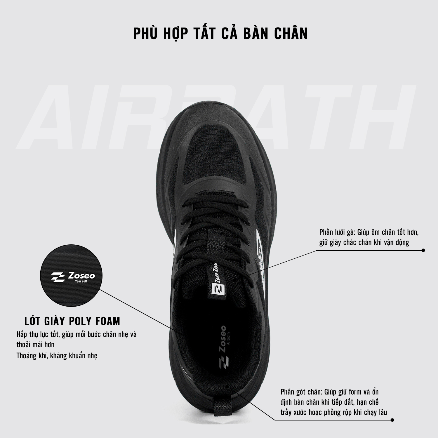 Giày chạy bộ Zoseo Airpath - Black - Ảnh 5