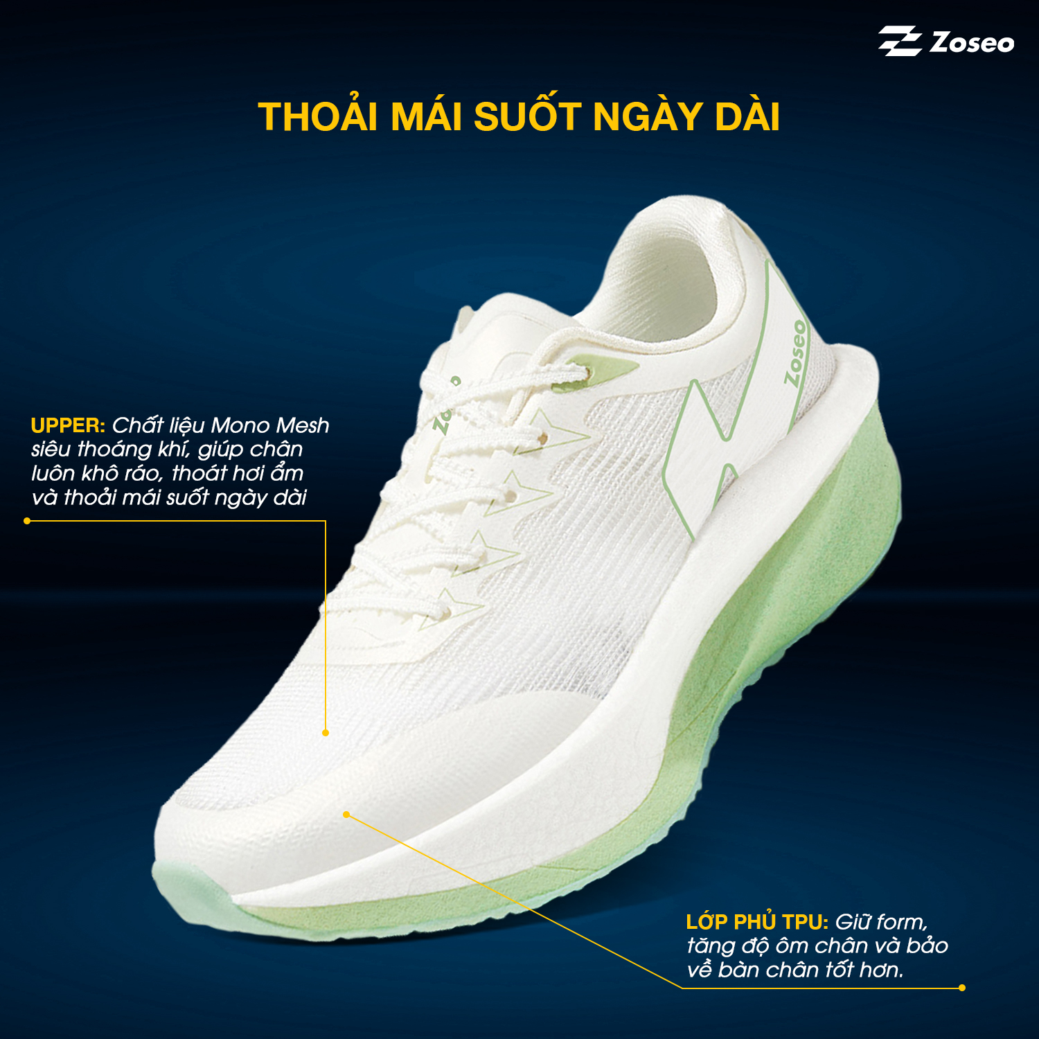 Giày chạy bộ Zoseo Jetboost - White Green - Ảnh 3